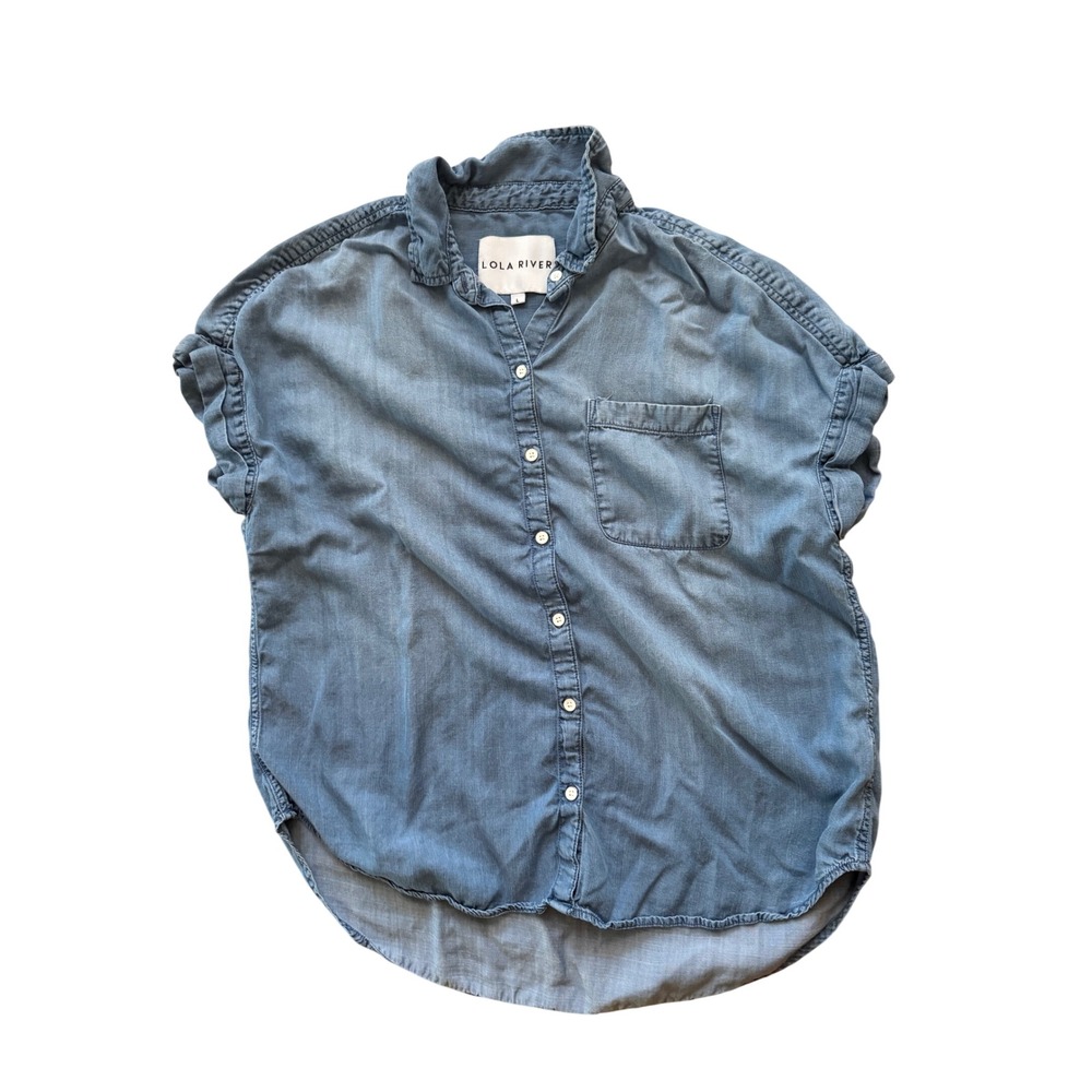 Lola River Womens Light Wash Chambray Short Sleeve Button Down Shirt Size L